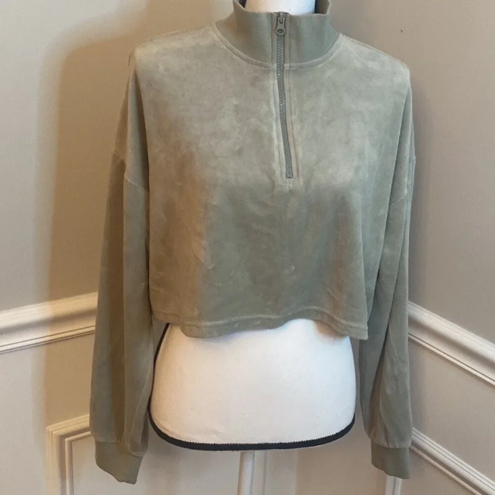 Forever 21 quarter zip cropped fleece sweatshirt olive green size large